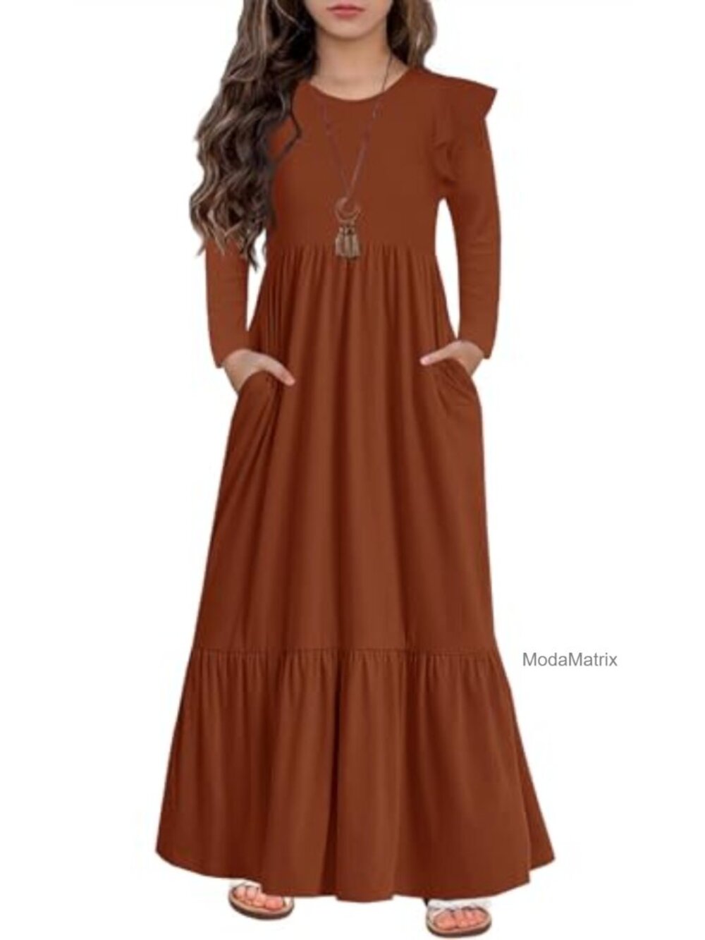 Girls Long Sleeve Maxi Dress Flowy Tiered Casual Ruffle Dress